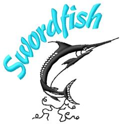 Cartoonish swordfish in dynamic pose with playful light blue text above and wavy lines in an aquatic theme.