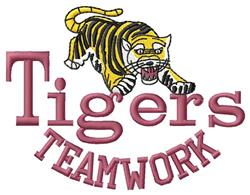 Playful tiger illustration with vibrant yellow and black stripes, featuring bold text 'Tigers' and curved 'TEAMWORK' in red.