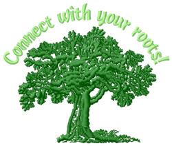 Playful tree design with vibrant green leaves and arched text 'Connect with your roots!', perfect for kitchen towels.