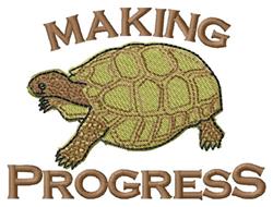 Playful turtle in motion with a light green shell and dark lines, featuring 'MAKING' and 'PROGRESS' text.