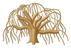 Realistic weeping willow tree embroidery features detailed brown trunk, elegant drooping branches, and lush leaves.