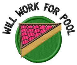 Playful text 'WILL WORK FOR POOL' over a bright pink pie slice with a beige crust on a green circle background.