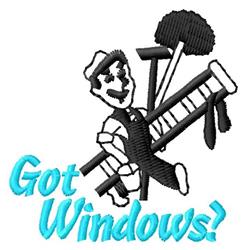 Playful window cleaner cartoon character with ladder and tools, bright turquoise text 'Got Windows?', engaging design.