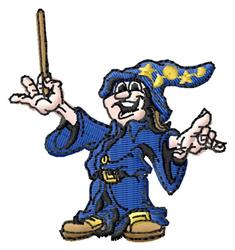 Playful wizard in a blue robe with yellow stars, animatedly holding a wand, perfect for kids' embroidery.