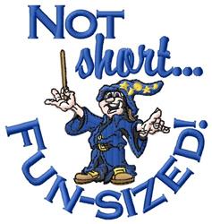 Playful wizard character in a blue robe, waving a wand with vibrant text saying 'Not short... FUN-SIZED!'