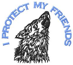 Wolf howling in bold black outline with 'I PROTECT MY FRIENDS' in striking light blue font above.