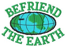 Colorful world globe with vibrant blue and green shades and bold text 'BEFRIEND THE EARTH'.