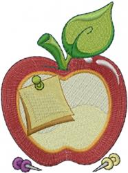 Playful red apple with a green leaf and pinned yellow notepad, surrounded by colorful pins in a vibrant cartoon style.