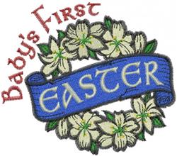 Text banner with 'EASTER' in vibrant red, surrounded by white lilies and a colorful blue ribbon for a joyful Easter celebrati