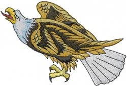 Realistic bald eagle soaring with golden feathers, white head, and yellow beak, showcasing its majestic presence.