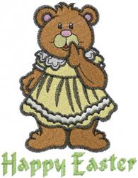 Cartoon bear in a light yellow dress with white collar, finger to mouth, celebrating Easter with 'Happy Easter' text.