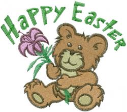 Cute bear holding a lily flower with a cheerful expression, accented by green 'Happy Easter' text; perfect for festive spring