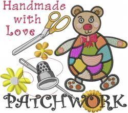 Cheerful bear with colorful patchwork coat, surrounded by scissors, flowers, and the text 'Handmade with Love'.