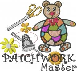 Colorful bear with patchwork design, surrounded by whimsical scissors, flowers, and a thimble.