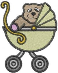Playful bear in a light yellow stroller with pink accents and charming wheels, cheerful design for new baby.