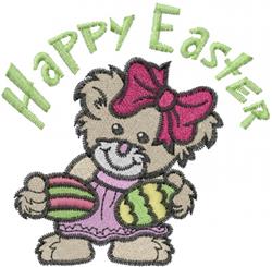 Cartoon bear in a pink dress with a bow, holding colorful Easter eggs, and 'Happy Easter' text above. Festive design.