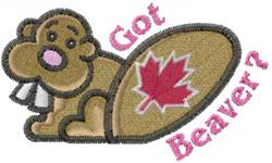 Playful cartoon beaver with big teeth beside a vibrant Canadian maple leaf, captioned 'Got Beaver?'.