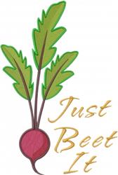 Playful beet with vibrant green leaves and a reddish-purple bulb, featuring golden 'Just Beet It' text.