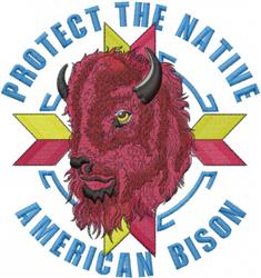 Bold graphic bison head design with red color, black horns, and a vibrant geometric star background.