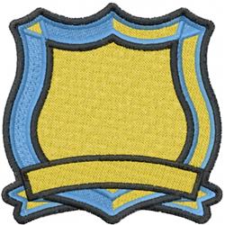 Blank shield patch in vibrant yellow with blue trim and black outline, featuring an empty banner for customization.
