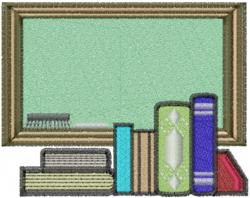 Colorful book stack with ornate frame on a blackboard background, ideal for playful and educational decor.