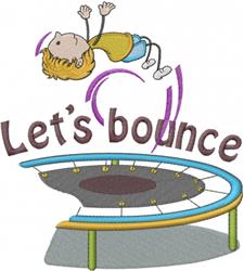 Cheerful boy bouncing mid-air above a vibrant trampoline with 'Let's bounce' text in a playful font.