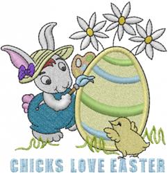 Playful bunny in blue overalls decorates a pastel Easter egg with a chick and daisies, capturing festive joy.