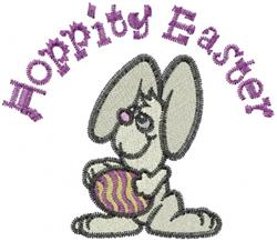 Playful cartoon bunny with large ears, holding a striped Easter egg, features 'Hoppity Easter' text, perfect for Easter decor