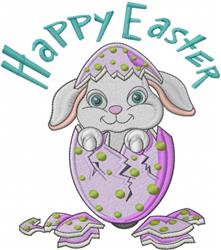 Cartoon bunny emerging from a pink polka dot Easter egg with broken eggshell scraps below and 'Happy Easter' text.