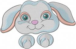 Cute bunny with floppy ears and large blue eyes, in soft pink hues, perfect for playful Easter decor.