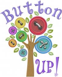 Colorful tree with button fruits and hand trunk, surrounded by green leaves. Playful design features 'Button Up!' text.