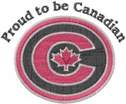 C shape emblem featuring a pink and gray design, a vibrant maple leaf, and bold text reading 'Proud to be Canadian.'