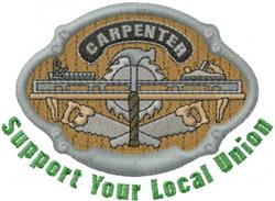 Logo with textured embroidery featuring carpenter tools, shield shape, and supportive text in green.