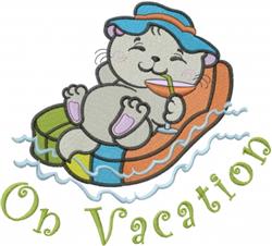Playful cat on a colorful floatation device, wearing a blue hat and sipping a drink, enjoying a vibrant vacation.