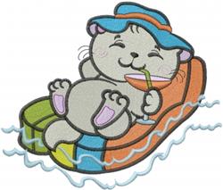 Cute cat floating on a colorful pool float with a sun hat and cocktail, perfect for summer fun.