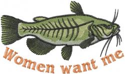 Playful catfish design featuring a vibrant green fish with detailed fins and humorous orange text stating 'Women want me'.