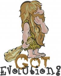 Cartoon caveman holding a cave club in earth tones with bold 'Got Evolution?' text below. Humorous design.