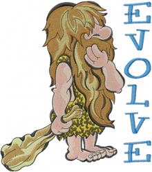 Cartoon caveman character with long hair, holding a club beside bold 'EVOLVE' text in vibrant blue.