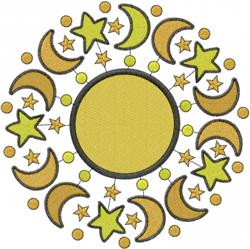 Playful celestial circular design with a vibrant yellow center, green moons, and yellow stars surrounded by orange circles.