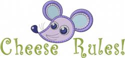 Playful cartoon mouse with expressive eyes and purple tones, featuring 'Cheese Rules!' in whimsical green font.
