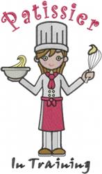 Cheerful female baker in a pink apron and chef hat holds a bowl and whisk in a playful, colorful style.