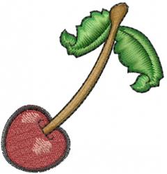 Colorful cherry with a shiny red surface, vibrant green leaf, and a graceful brown stem, perfectly playful.