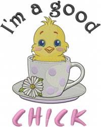 Cheerful chick in a purple and white polka dot cup with a daisy, playful spring design. Ideal for kitchen decor.