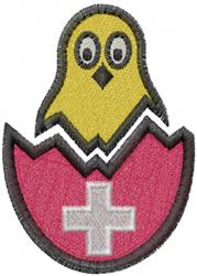Playful chick peeking from a pink eggshell with large eyes, outlined in black, perfect for Easter.