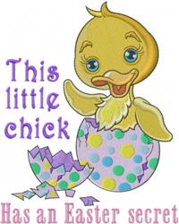 Playful chick emerging from a polka-dotted pastel Easter egg, with colorful text celebrating Easter fun.