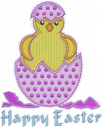 Cute chick hatching from a purple speckled egg, featuring blue 'Happy Easter' text in a playful style.