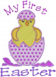Cheerful yellow chick emerging from a purple polka-dotted eggshell, with 'My First Easter' text above for a playful Easter th