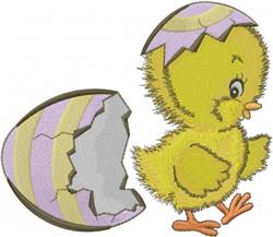 Playful yellow chick emerging from a pastel cracked eggshell with soft purple stripes for Easter.