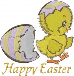 Cute yellow chick next to a broken purple-striped eggshell, featuring 'Happy Easter' text below, perfect for children's items