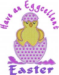 Playful chick emerging from a purple polka dot egg, featuring 'Have an Eggcellent Easter' in bright text, perfect for festive